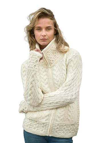 Image of Aran Crafts Irish Women's Double Collar Zip Cardigan (100% Merino Wool)