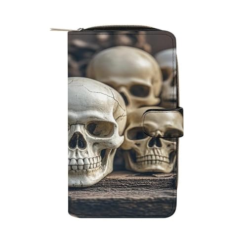 Skulls Leather Wallet Long Checkbook Wallets Classic Bifold Ladies Clutch with ID Window
