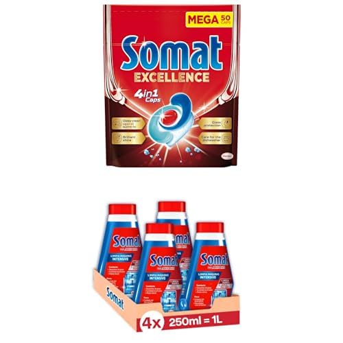 Somat Excellence 4 en 1 Caps, 50 Unidades + Somat Limpia Máquinas Aditivo Lavavajillas (pack de 4, total: 1000 ml) para el interior de la máquina, eficaz limpiador