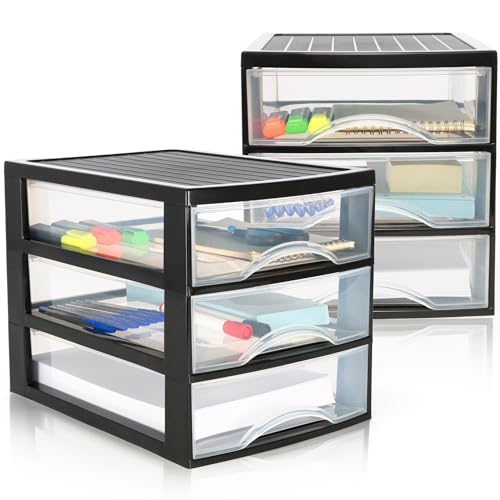 Hausfelder Schubladenbox A4 mit 3 Schubladen inkl. Aufkleber, Schubladenturm Box aus Kunststoff für Schreibtisch (A4, 2 Stk. mit 3 Schubladen)