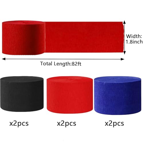Image of We Moment Black Blue and Red Paper Streamers Party Streamer 1.8 Inch Widening 6 Rolls,Black Blue Red Party Decorations Streamer 82 feet per roll for Birthday Decorations