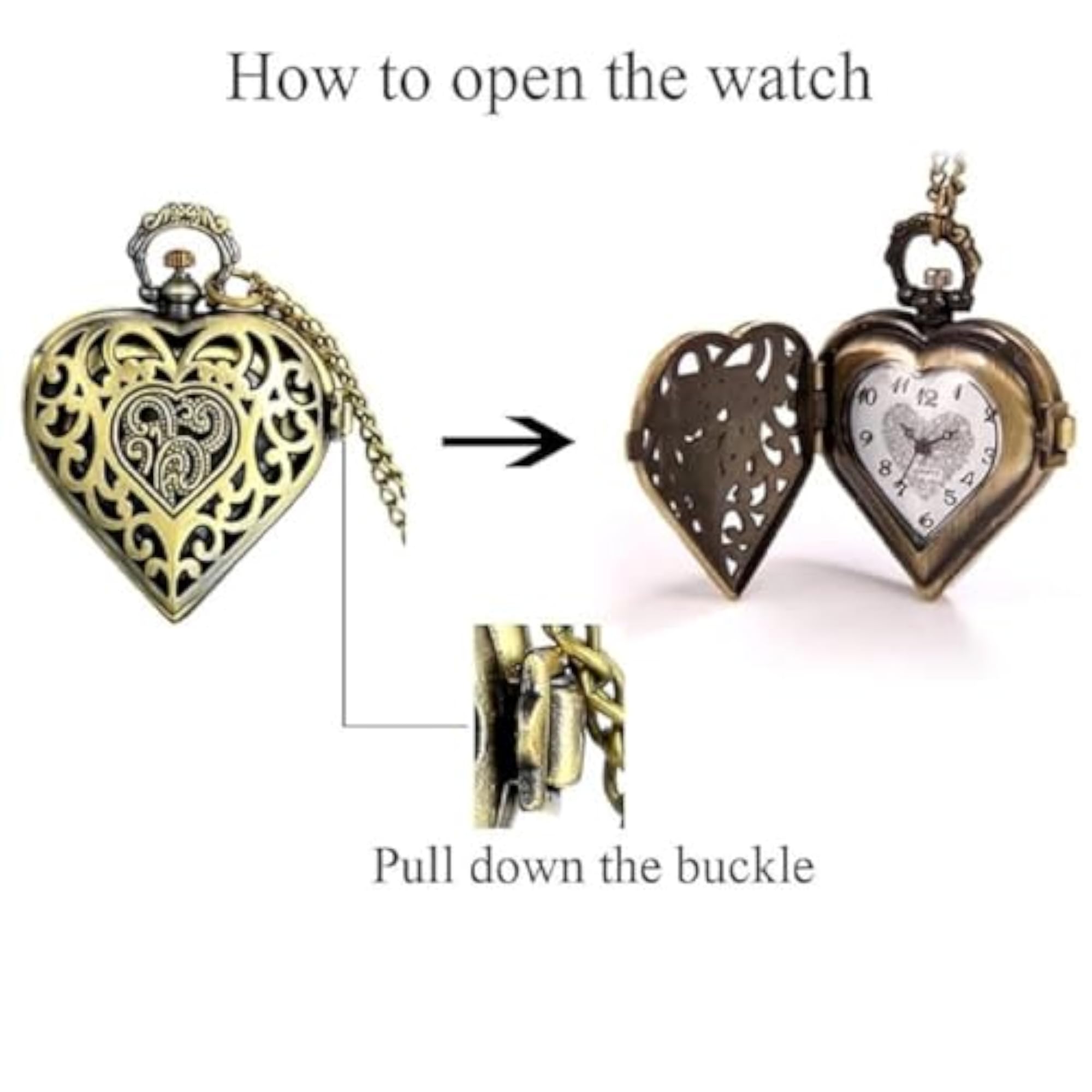 Vintage Pocket Watch Keychain with Heart Carved Compass Dial