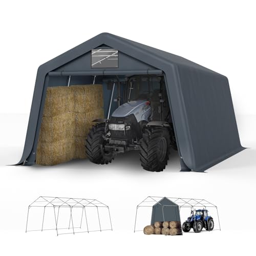 GREEN PARTY Storage Shelter Shed, 13x22 ft Portable Shed Outdoor Carport with Roll-up Zipper Door & Vents, Outdoor Storage Shed Portable Garage for Motorcycle, Bike, Waterproof & UV Protected, Gray