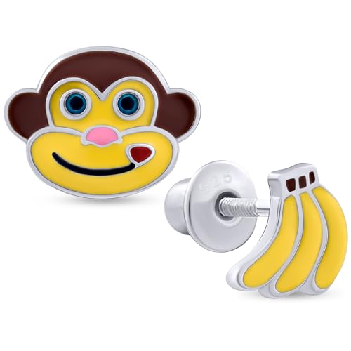 925 Sterling Silver Monkey & Bananas Stud Earrings for Girls Hypoallergenic Safety Screw Back Rhodium Plated - Monkey & Bananas Gifts Earrings for Baby Toddlers Little Teens Kids Earrings Jewelry