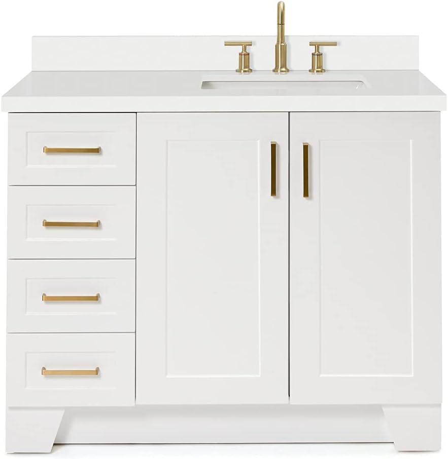 ARIEL Taylor 42-inch Bathroom Vanity with Sink,Solid Wood, 1.5-inch Pure White Quartz Countertop & Backsplash, Single Rectangular Porcelain Sink, 2 Soft Closing Doors, 5 Dovetail Drawers, White