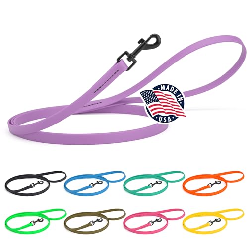 Dogline Biothane Waterproof Dog Leash Strong Coated Nylon Webbing with Black Hardware Odor-Proof Easy to Clean High Performance for Small or Large Dogs Made in USA 4 or 6 ft Lead Amethyst Purple