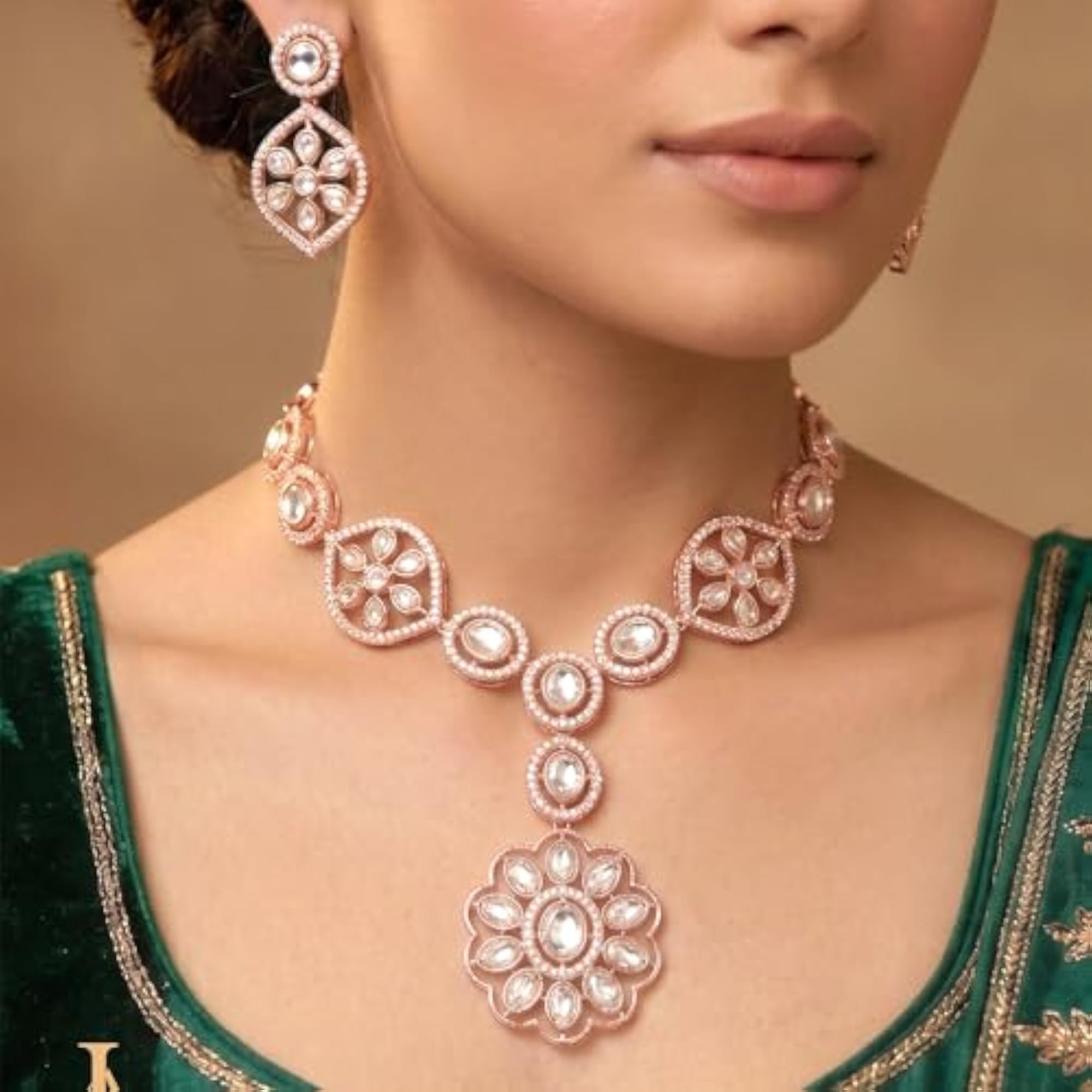 Women's White Rose Gold Plated Ethnic Necklace Earrings Set