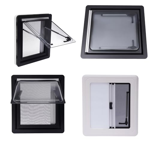 Ventana para autocaravana, 450 x 500 mm, ventana de ajuste externa, de aluminio, con estor integrado y mosquitera, ángulo de apertura de 70° para furgonetas/caravanas (negro/blanco)