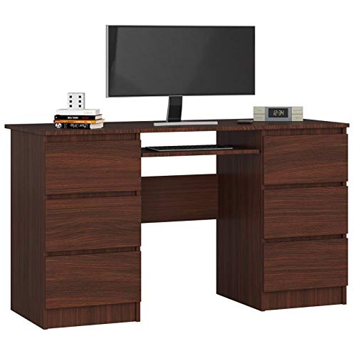 ADGO A-11 Bureau d'ordinateur Universel 135x50x77 cm, avec 1 étagère Extensible avec 6 Tiroirs, Informatique, Atelier, Table avec Rangement, Bureau en Coin Gaming (Expédié en 2 Paquets)(Wenge)