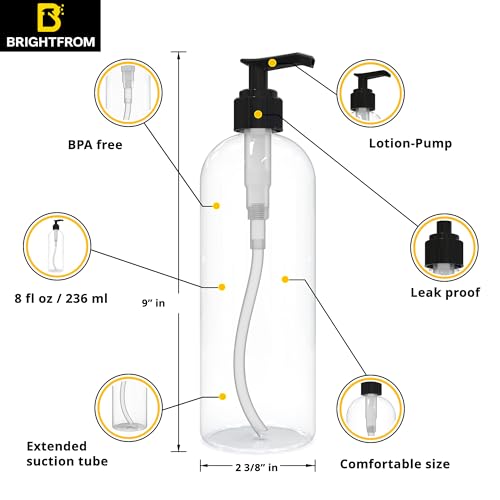 BRIGHTFROM Empty Lotion Pump Bottles, 16 OZ BPA-Free Refillable Plastic Containers, PETE1 Clear, Great for - Soap, Shampoo, Lotions, Liquid Body Soap, Creams and Massage Oil's - 2 Pack (Black)2