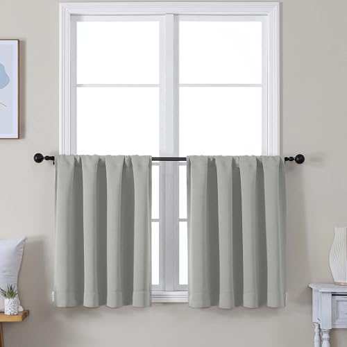 Image of Simplebrand Ava Silver Grey Short 24 Inches Blackout Curtain 2 Panels Set, Half Window Rod Pocket Privacy Curtain Tiers for Kitchen, Curtains Blackout for Bathroom Shades, W30 x L24 Inch, Silver Grey