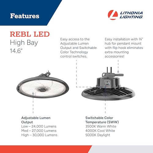 Image of Lithonia Lighting REBL Round High Bay LED Light, 24,000 /27,000 /30,000 Adjustable Lumen Output, 3500K /4000K /5000K Switchable White Color Temperature, Work Light, UVOLT 120-347V, 14.6 inch x 7.7 inch, Bronze