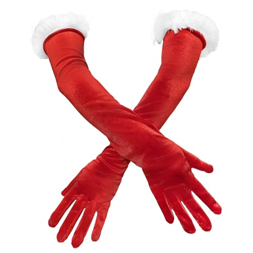 Women Red Long Velvet Gloves with White Furry Cuff Elbow Length Finger Gloves Christmas Santa Party Costume