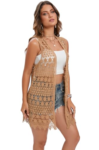 Image of GLEAMISS Women's Crochet Floral Vest Lace Trim Boho Sleeveless Cardigan