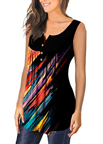 Plus Size Tank Top For Women Sleeveless Tunic Tops To Wear With Leggings Summer Henley Shirts Loose Casual Ruffled Blouses Color Bars On Black Xl #TOP1