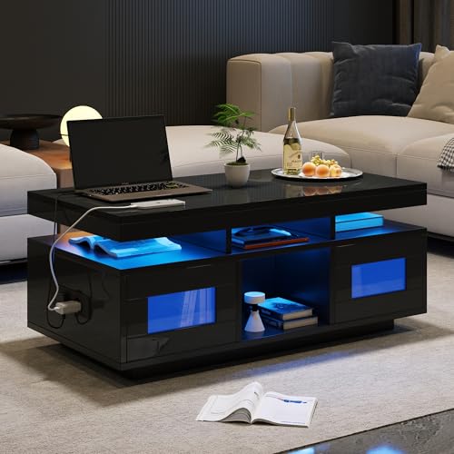 Miniatura 3 de Mesa De Centro De Alto Brillo, Con Luces Led Controlables Mediante Aplicación Móvil, Mesa De Salón Con Armario, Mesa De Sofá Con Puerto De Carga Y Enchufe, Adecuada Para Oficina, Estudio, 100 50