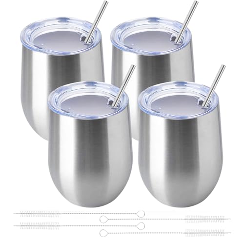 12oz/4 Pack Wine Tumbler Glasses with Lid Stemless Double Wall Vacuum Stainless Steel Travel Tumbler Keeping Cold & Hot for Wine,Coffee,Cocktails,Christmas Drinks-Family and Gifts(4 Pack-Sliver)