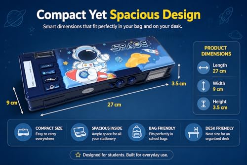 Image of Astronaut Laser Space Pencil Box with 2-Digit Password Lock for Boys; Multi-Functional Jumbo Compass Box with Pop-up Sharpener, Dual Side Compartments & Built-in Calendar