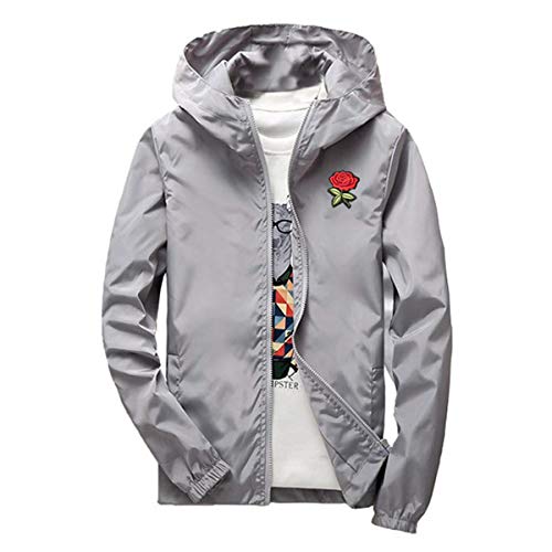 AITFINEISM Men's Lightweight Hooded Zip up Sports Jacket Windproof Windbreaker (X-Large, Grey-Rose)