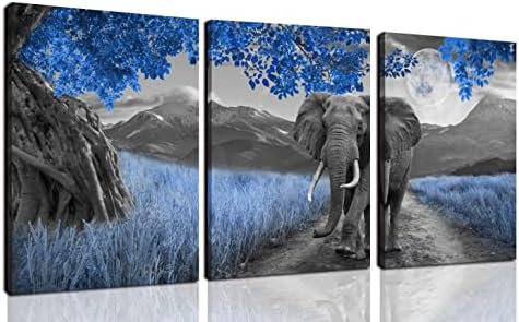 THRLVEART Elephant Wall-Art - Bathroom Artwork for Wall - Royal Blue Wall Decor for Living Room - 3 Piece Canvas Wall Art Ready to Hang Size 16" x 12"