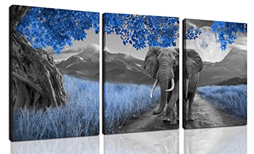 Thrlveart Elephant Wall-Art - Bathroom Artwork For Wall - Royal Blue Wall Decor For Living Room - 3 Piece Canvas Wall Art Ready To Hang Size 16" X 12" #TOP12