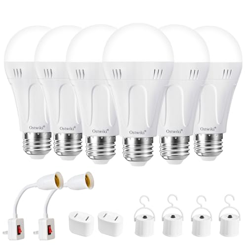 Ostwiki 6 Pack Rechargeable Light Bulbs,Battery Operated Backup Light Bulb for Lamps E26 9W 6500K Daylight,A19 Emergency LED Bulbs for Home Power Outage Hurricane,Blizzard,Camping