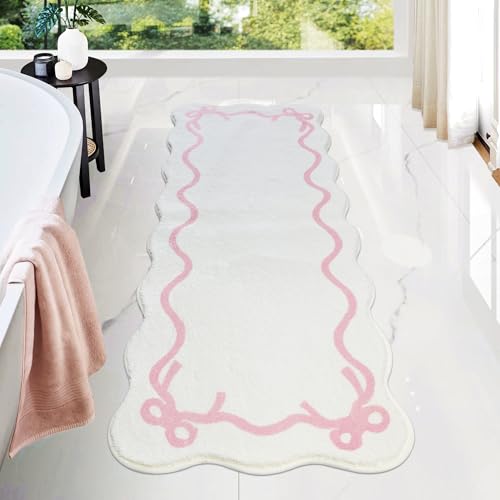 SHIYUE Scalloped Bow Bathroom Mat, Coquette Cute Non Slip Rug