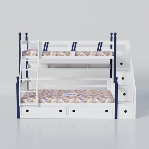 Image of Wudniture Solid Sheesham Wood Bunk Bed for with Storage for Kids and Adults | Bunk Beds for Kids Bedroom (White)