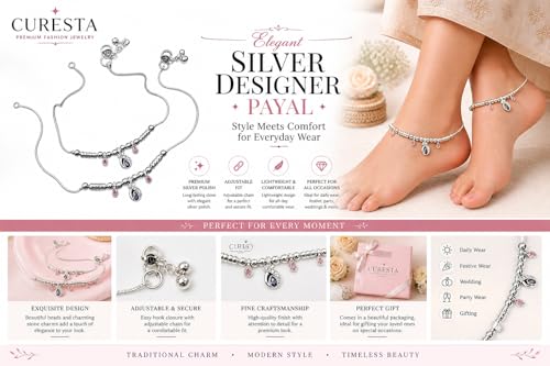 Image of Silver Polish Designer Payal for Women & Girls | Stylish Anklet with Beads & Stone Charms | Lightweight Daily Wear Anklet | Traditional & Modern Jewelry Gift