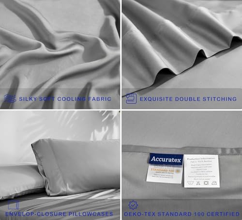 Image of ACCURATEX Cooling Sheets Split King Size Grey - Viscose Made from Bamboo, Luxury Hotel Sheet Set for Adjustable Bed, Super Soft Breathable Bedding Sheets up to 16 inches Deep Pockect