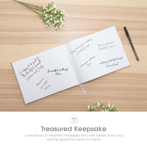 Image of Pearhead Linen Wedding Guest Book with White Script, Elegant Bridal Shower & Wedding Keepsake, Includes Pen, 100 Blank Pages, 7 x 9, Beige