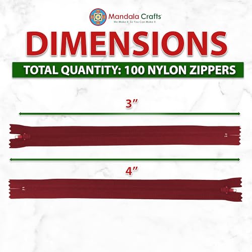 Image of Mandala Crafts 100 PCs Burgundy Closed-End 4 Inches Nylon Zipper for Sewing