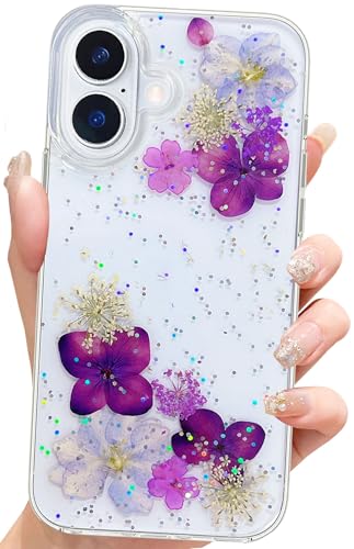 Coque iPhone 16 Plus transparente Abbery avec fleurs séchées pailletées