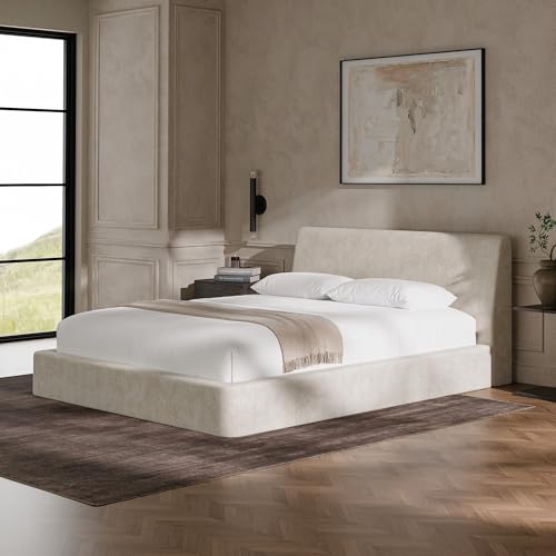 Image of RECCI AirFrame Queen Bed Frame with Ergonomic Angled Headboard, 360 Cushioned Platform Bed Frame, Low Profile Minimalist Soft-Frame Bed, No Box Spring Needed, Easy Assembly, Beige Chenille