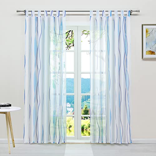 ESLIR Rideaux avec passants, Rideaux, Voile transparent à motifs ondulés, Bleu, l140 x H225 cm, 1 pièce