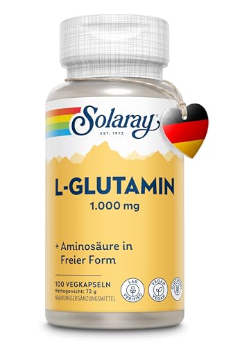 Solaray L-Glutamin 1000mg 100 vegane Kapseln Hochdosierte Aminosäure für Training & Regeneration 500mg pro Kapsel - Post-Workout für Männer & Frauen Laborgeprüft & Magnesiumstearatfrei