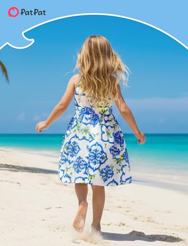 Image of PATPAT Family Hawaiian Matching Outfits - Mommy and Me Vacation Outfits | Halter Sundresses and Button Down Shirts,Caribbean Vacation Summer Tropical Outfits,Hawaiian Boho Tropical Floral Printed