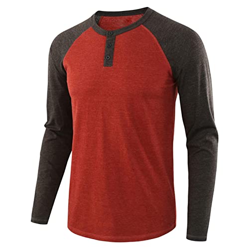 Mens Henley Long Sleeve Raglan T-Shirt Fashion Button Cotton Fall Shirt Casual Lightweight Crew Neck Shirts (Small,Red)