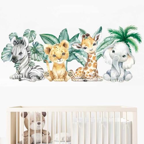 Pegatinas de Pared Infantiles Safari Vinilos Decorativos de León, Cebra, Elefante y Jirafa con Hojas Tropicales para Decoración Habitación Bebé Niño Niña, Fácil Aplicación 40x90cm