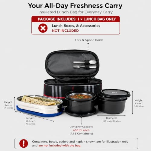 Image of Favria Insulated Lunch Bag for Office Use, College & School | Men Women Lunch Box Carry Bag | Kids Tiffin Bags | Holds 3 Containers | Cutlery Pocket (Flat Black Lunch Bag)
