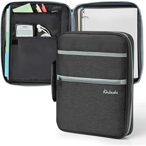 Kinbashi Zipper Binder, 1 Inch 3 Rings Binder with Internal Pockets and Dividers, 375 Sheet Capacity, Fits Standard Size File Folders, Grey Cover