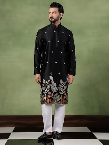 Image of SOJANYA (Since 1958 Men's Cotton Silk Flora & Fauna Embroidered Long Kurta