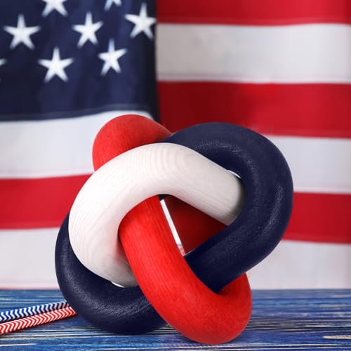 Image of Chunful 4th of July 3 Link Wooden Knot Decor American Patriotic Table Decoration Hand Carved Independence Day Table Topper Decor Rustic Farmhouse Boho Decorations for Memorial Day