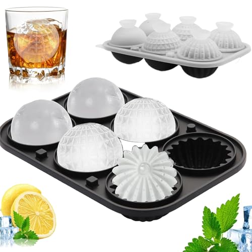 3D Eiswürfelform Silikon 5 cm Groß Eiswürfelform Kugel Rund mit Trichter & Deckel BPA-Frei 6 Rund / 3 Verschiedene Kugelförmige Ice Cube Tray für Whiskey Cocktail Liköre Gin & Bierund (Schwarz)