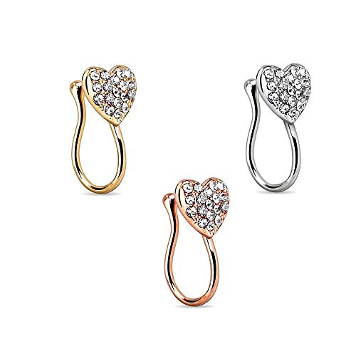 3PCS Fake Faux Septum Clicker Cute Hanger Nose Ring Hoop Tribal Non Piercing Clip on Jewelry Heart Clip on