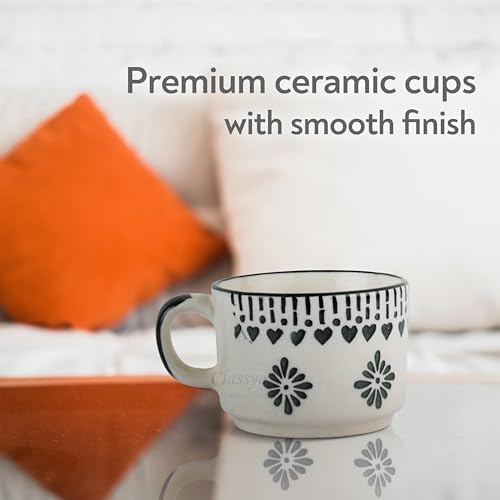 Image of Classyo Ceramic Tea Cup Set of 6 for Tea, Microwave and Dishwasher Safe, Capacity - 220ml Each (Gray Floral)