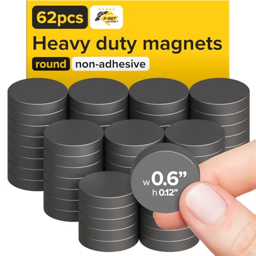 Image of Strong Ceramic Round Magnets with Adhesive Backing (0.6x0.12 /15x3mm, 62 pcs) - Heavy Duty Sticky Magnets, Non-Corrosive, Versatile for Home, Office, Workshop, Whiteboard, Fridge and Hobby Use