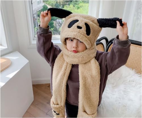Image of Kids Winter Hat Gloves Scarf Set,Cute Panda Hat with Movable Ears Thick Warm Hood Cap for Girls Boys 4-10 Years Old