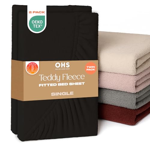 Brentfords 2 Pack Teddy Fleece Fitted Sheet, Soft Warm Thermal Teddy Bear Bedding Single Deep Pocket 25cm Fade Resistant Cuddly Cosy Fluffy 2 Pack Fitted Sheet Single, Black
