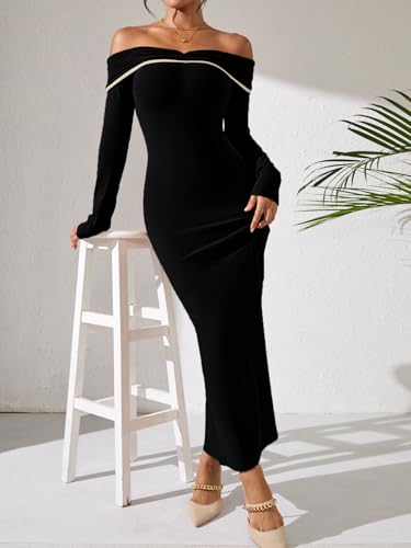 HUUSA Off The Shoulder Dress for Women 2025 Long Sleeve Bodycon Sexy Party Maxi Color Block Dresses3